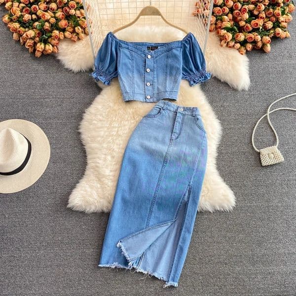 Women Denim 2 Piece Sets Long Skirt Top Suit Skirts Tops Single Breasted Outfits Washed Distressed Summer Casual Ensemble 260317