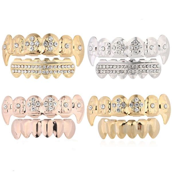 Fashion Fashion Jewelry Hip Hop Exaggerated Diamond-Studded Fang Grillz Real Gold Plated Personalized Trendy Dental Jewelry