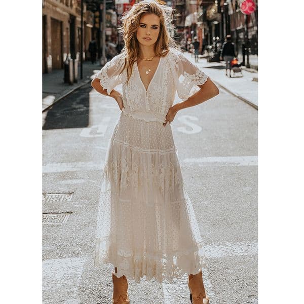 Foreign Trade Manufacturer 2026 European And American Summer New Style Wish V-neck Short-sleeve Designer Dress Lace Dress Women's Clothing