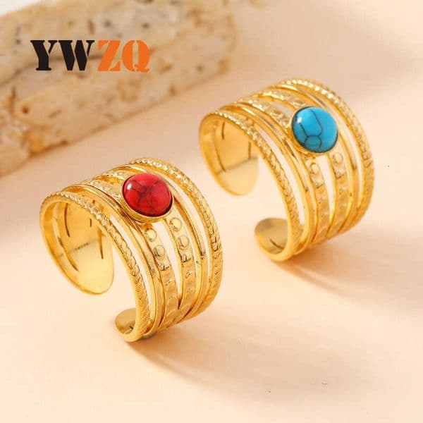 Luxury Jewelry 925 Sterling Silver 14K Gold turquoise ring for women fashionable and unique oil-pressed six-line open ring hand jewelry manufacturer
