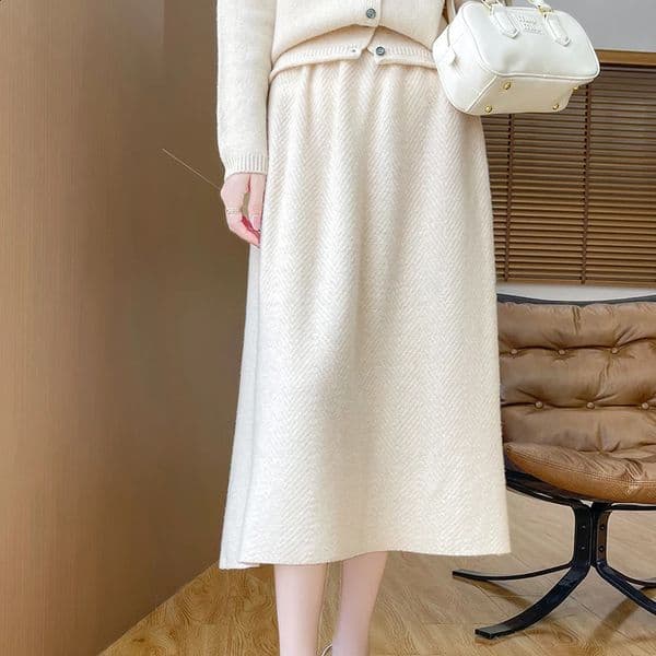 DjzDsm Spring and Autumn Womens 100 Merino Wool Knitted Long Skirt Loose Casual Versatile Medium to Aline 260320