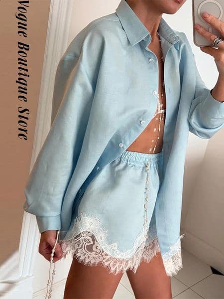 Casual Lace Patchwork Shirt Shorts Suit Women Solid Full Sleeve Button Shirts Loose High Waist Short Pants 2026 Summer Suit Lady 260318