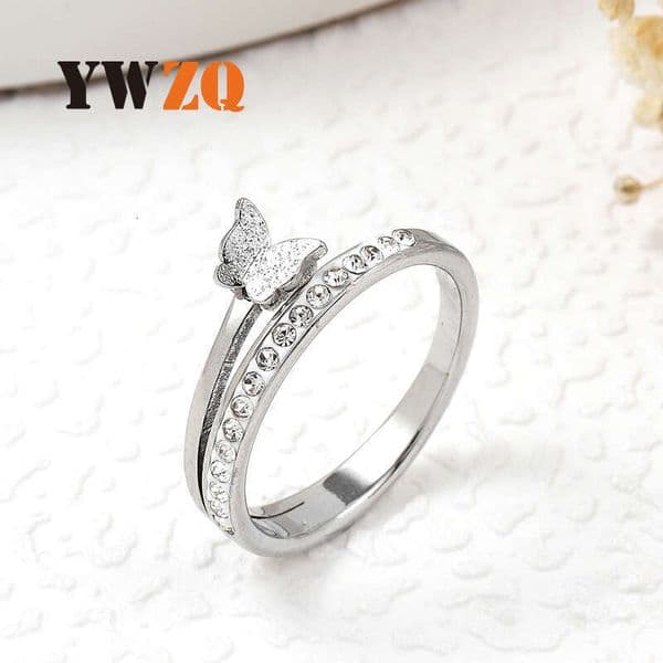 fashion Sterling Silver 14K 18K Gold jewelry Cut and sandblasted butterfly inlaid with ceramic diamonds women's titanium steel ring wholesale from manufacturer
