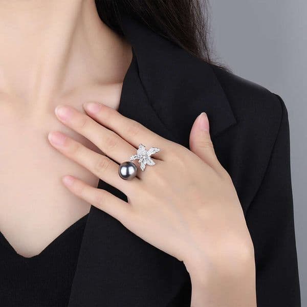 new inlaid faux pearl floral starfish design popular adjustable open ring fashionable ring