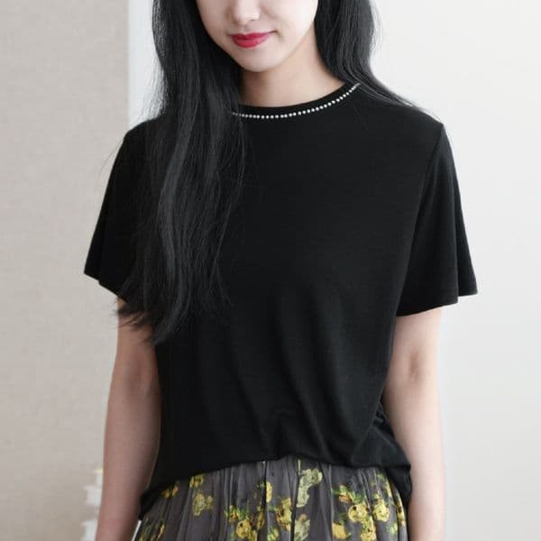 Shimmering Pearl Light French Style Heavy Beaded Tencel Wool Round Neck Polo Short Designer Hoodie Sleeve T-shirt Elegant Light Luxury Designer T-shirt Loose Top