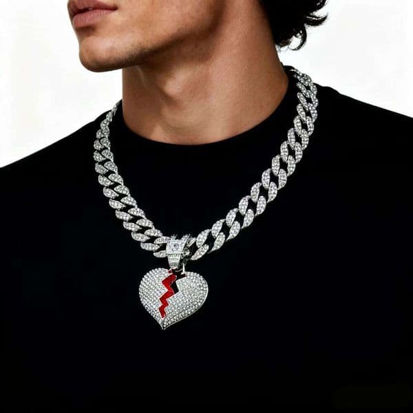 Jewelry Hip Hop full-diamond broken red heart pendant Cuban personalized necklace collarbone chain choker unisex with diamonds