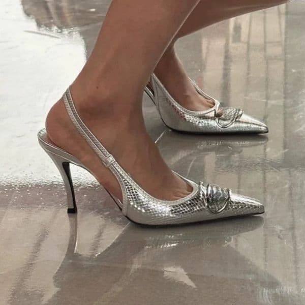 2026 new high-quality popular metal buckle pointed open back sandals with snake pattern silver fashionable high couple shoes heels casual sandals