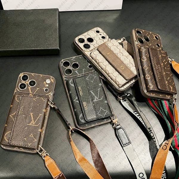 Luxury Leather Phone Case for iPhone 17 17air 17 Pro Max 16 15 14 Plus 13 12 Pro XR Designer Crossbody Lanyard Card Holder Ultra Slim Shockproof Phone Cover Leather