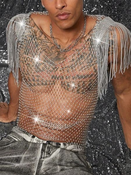 Tank Tops Shiny Rhinestone Fishnet Hollow Out Top Men Mesh See Through Tassel T-Shirt Man Party Clubwear Transparent Vest 260317