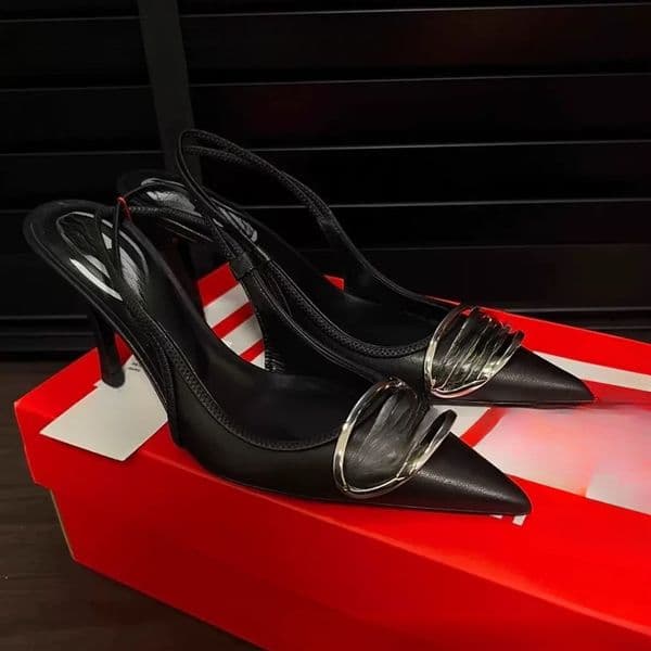 2026 new high-quality popular metal buckle pointed open back sandals with snake pattern silver fashionable high heels casual sandals