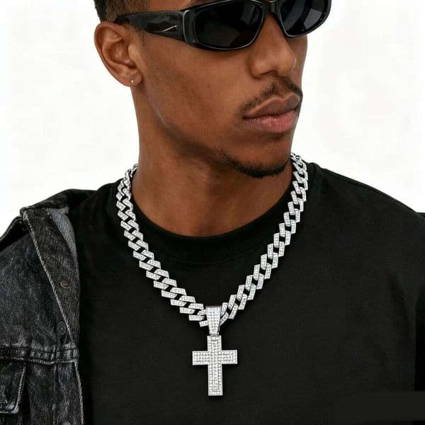 Jewelry Hot-Selling Alloy Full Diamond Cross Pendant Fashion Trend Rap Rhombus Men's Cuban Chain Necklace