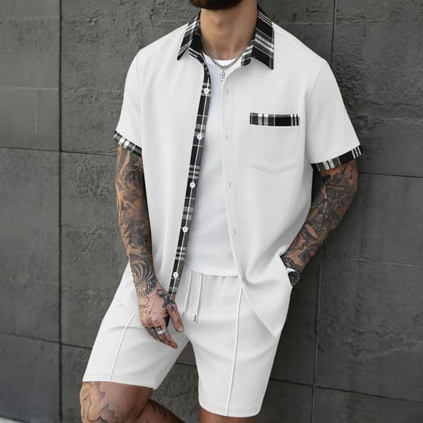 2026 Cross Men's European And American Summer Solid Color Short Sleeve Shirt With Contrasting Color Fashion Polo Buttons Shirt Designer Hoodie Set Designer T-shirt