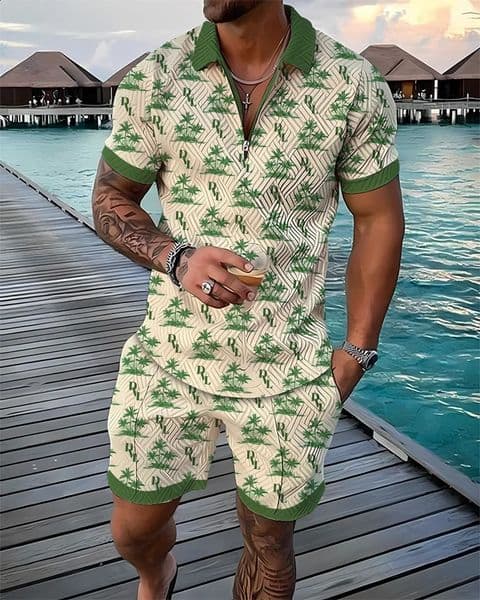 Mens Summer Tracksuit Sports Suit Men Set 3D Printed Casual Short Sleeve T Shirt Lapel Zip Polo Shirt Male Clothing Jogging 260304