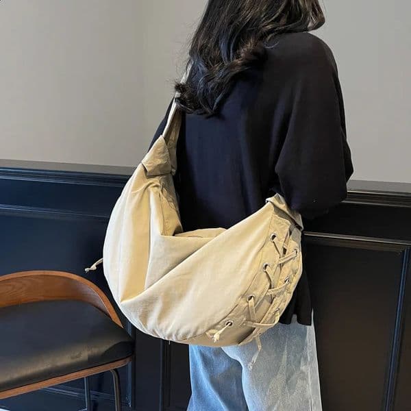 Korean Fashion Lace-up Hobo Bag Large Capacity Nylon Shoulder Bag Casual Crossbody Bag for Women 2026 Arrival 260317BJ