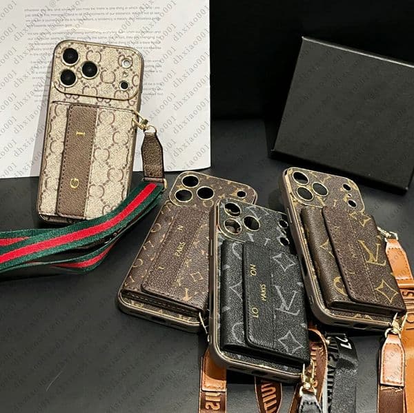 Designer iPhone Wallet Case with Strap for iPhone 17 Pro Max 16 15 Plus 14 13 12 Luxury Phone Case with Card Slots Excellent Grip Purse Flip Phone Cover Shockproof
