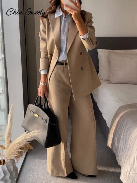 Elegant Womens Blazer Jacket Suit Vintage Solid Lapel Double Breasted Slim Fit Jackets Wide Leg Pants Sets Lady Commute Set 260321