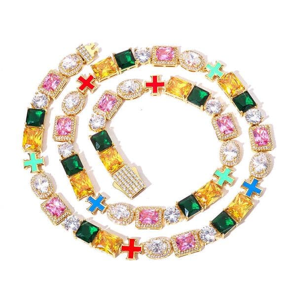Hip-Hop High-Quality Cross Necklace for Men 10mm Colorful Gemstone Jewelry Chain Trendy Accessories Customization
