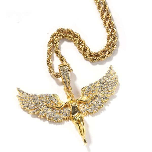 Cross-Border Jewelry Retro Style Gold Inlaid Angel Wings Unisex Rap Hip-Hop Ice with VVS moissanite Necklace Wholesale