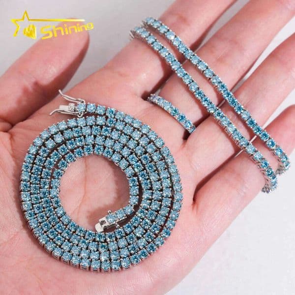 Fast Shipping Aquamarine Color Tennis Chain 925 Sterling Silver Gold Plated Pass Diamond Test Moissanite Necklace