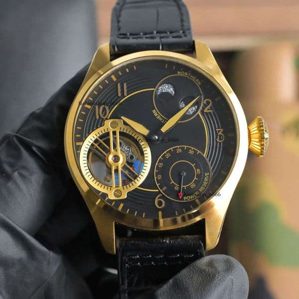 Mens 46MM Hand Winding Watch Gold Case Black Dial Mineral Crystal Wristwatch Leather Steel Strap Options