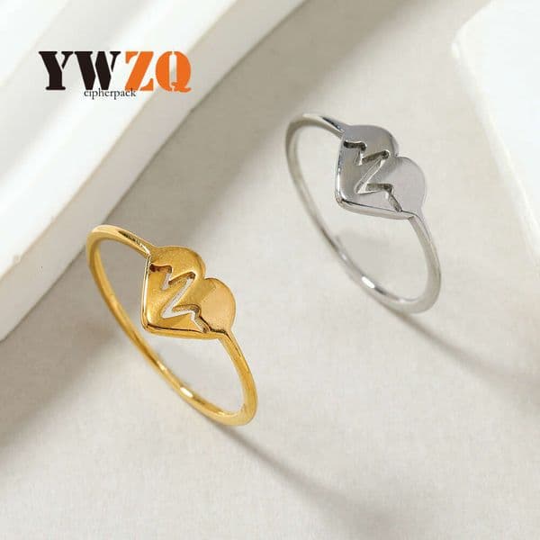 fashion heart-shaped 925 Sterling Silver 14K Gold ring for women non-fading ECG pattern couple ring versatile personalized hand jewelry factory