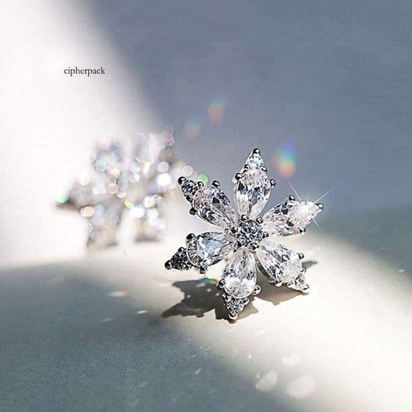 Japanese and Korean Style New Simple Snowflake Flower Inlaid Moissanite Stud Versatile Slimming Student Earrings