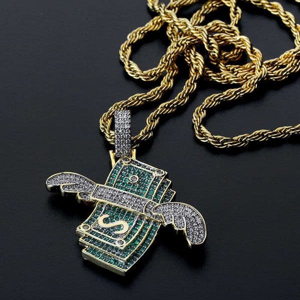 Winged Flying Money Personality Jewelry Hip Hop Style Street Pendant Micro Inlaid Full Moissanite Men's Trendy Necklace Jewelry