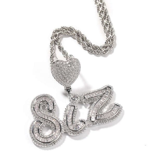 New Hip Hop Pendant with Diamond Inlay Heart Clasp Square Signature Letter Necklace Personalized Custom Rap Accessories