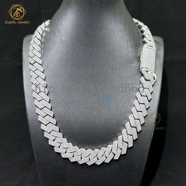 Cuban Link Necklace 18mm-20mm Wide with 3 Rows GRA D/VVS Moissanite for Men Silver Plated Cuban Iced Out Prong Cuban Link Chain
