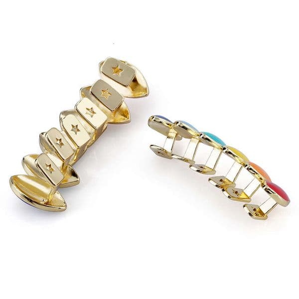 Halloween Hot Sale Personality Trendy Hip Hop Gold Gold-Plated Colorful Glossy Sharp Teeth Grills
