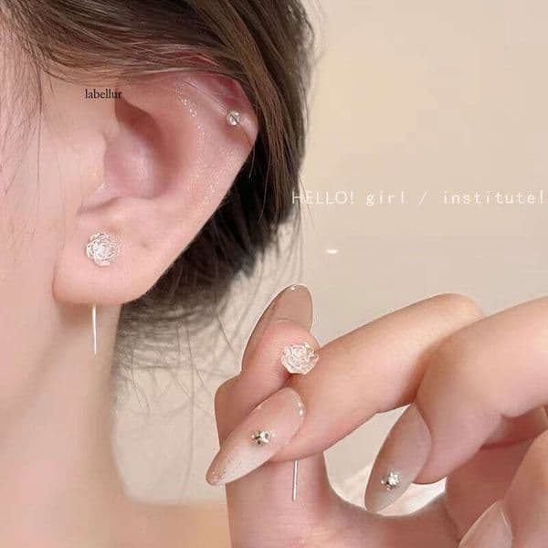 2026 New Model Iridescent White Rose Flower Earrings for Women, Light Luxury High-End Tassel Studs, Elegant Ear Accessories 925