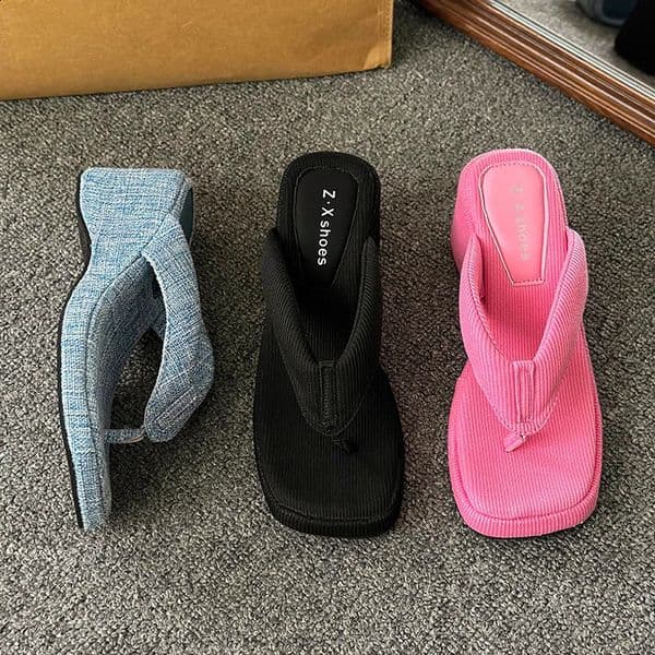 Fashion Square Clip Toe Platform Sandals Woman Chic Denim Wedge Flip Flops Ladies Summer Street Style Thick High Heel Slippers 260318