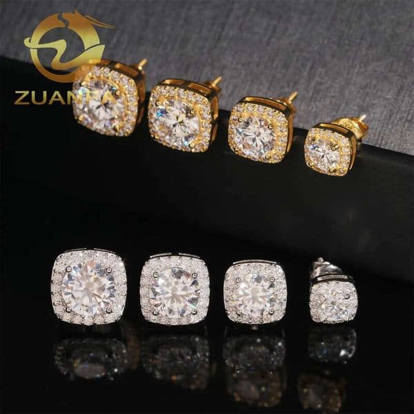 Wholesale Price Iced Out Halo Moissanite Diamond Screw Back Stud 925 Silver Hip Hop Earrings
