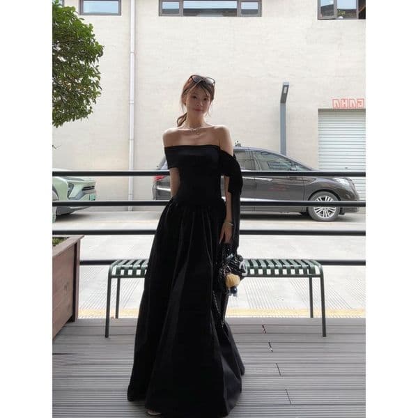 Off-shoulder Ribbon Dress For Women Summer Fashionable And Elegant Designer Dress Youthful Loose-fitting Slimming A-line Mid-length Large Hem Dress
