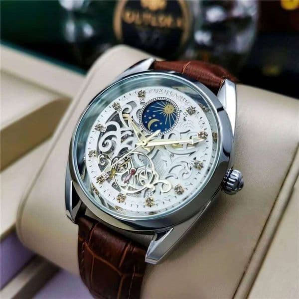 High-End Luxury Fully Automatic for Men, Casual Waterproof Moon Phase Skeleton Multi-Functional Men's Watch, Fashionable Business Mechanical Watch