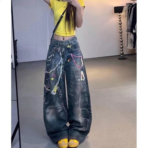 American vintage hip-hop chain pattern loose jeans suitable for both men and women high street goth style Y2K straight-cut denim 260321