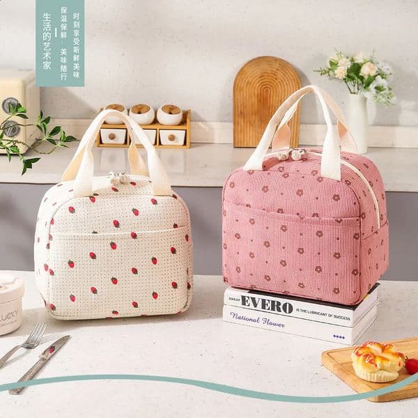 1pcs Portable Thermal Lunch Box Bag Floral Corduroy Lunch Bag Printed Food Handbags Waterproof Office Cooler Ice Insulated Case 260320