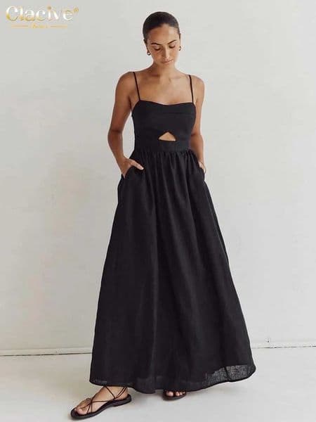 Clacive Sexy Loose Black Cotton Womens Dresses 2024 Summer Strap Sleeveless Ankle Length Dress Elegant Hollow Out Female Dress C260323