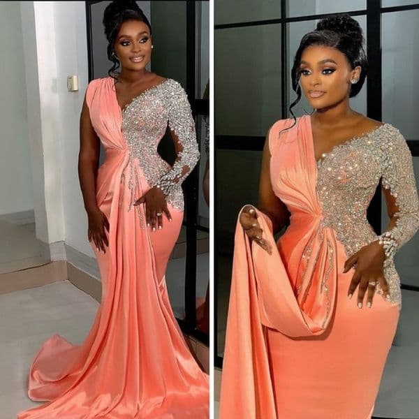 Plus Size Watermelon Prom Dress Mermaid Evening Dresses Formal Gowns Sheer Neck Beaded Long Sleeves Rhinestones Birthday Dress Second Reception Gown M13