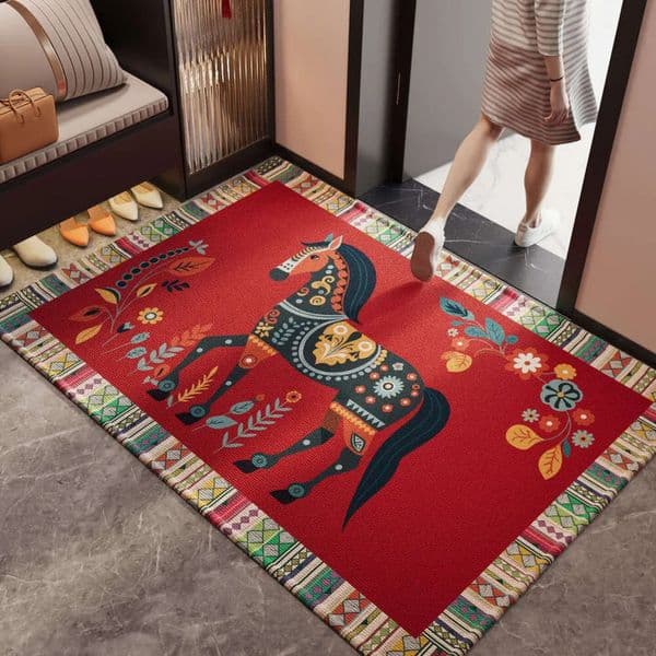 Designer Floor Mat Cross-Border Retro Ethnic Style Horse Year Large Size cool carpet Carpet For Living Room Entrance Door Anti-Slip Mud Scraper Crystal Velvet F