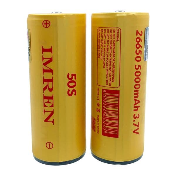 Imren Original Authentic 26650 Rechargeable Battery, 3.7V 5000mAh Rechargeable Lithium.ion Button Top Battery 50S for Flashlight & Headlamp