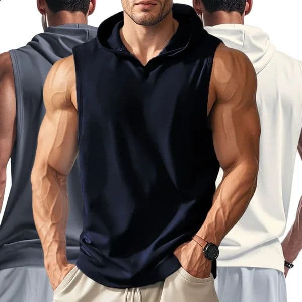 Summer Mens Running Training Hooded Sleeveless Fitness Top Fashionable Loose Quick drying Sports Tank 260323