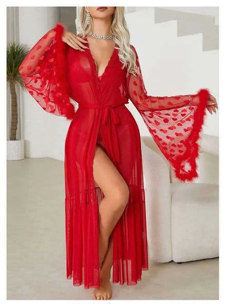 Womens Mesh Lingerie Robe Heart Fuzzy Trim Flare Sleeve V Neck Nightgown with Belt Sexy Lace Sheer Bathrobes Nightwear C260323