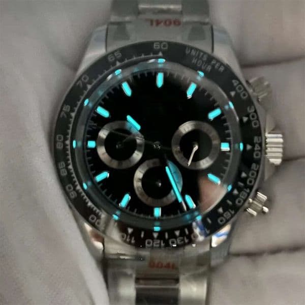 Fluorescent mens watch Ceramic bezel Sapphire glass Automatic steel strap Wristwatch Black face multifunction clock 40mm