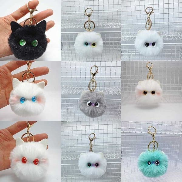 Animal Cute Pom Poms Keychain Creative Fluffy Stuffed Blush Cat Key Chain Handbag Car Keyring Charm Jewelry Gift for Women Girls H260323