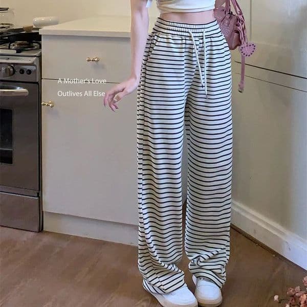 Spicy Girl Designer Pants Striped Drawstring Draped Casual Pants For Women Summer Korean Style Floor-length Straight-leg Loose High-waisted Wide-leg Pants