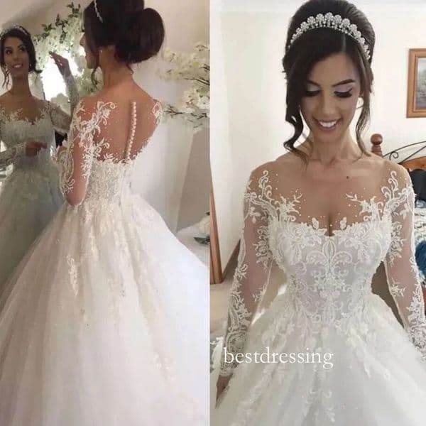 Exquite Lace Appliques Long Sleeves A Line Wedding Dresses Beaded Princess Bridal Gowns Chapel Train Ivory Tulle Bride Formal Wear 2025 Spring Summer J13 B0323