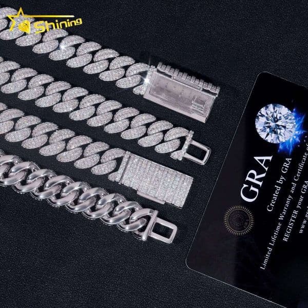 Hot Sale 925 Sterling Silver Iced Out 13mm Rapper Style Hip Hop Prong Moissanite Cuban Link Chain