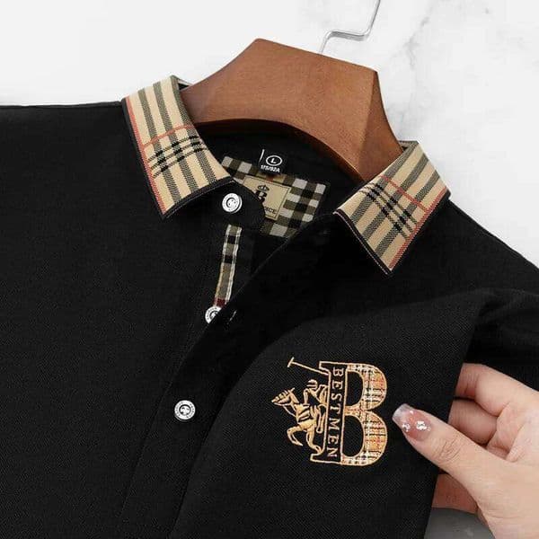 Summer novel men's lace collar B-shaped short sleeved shirt, comfortable and casual business T-shirt 26H0323