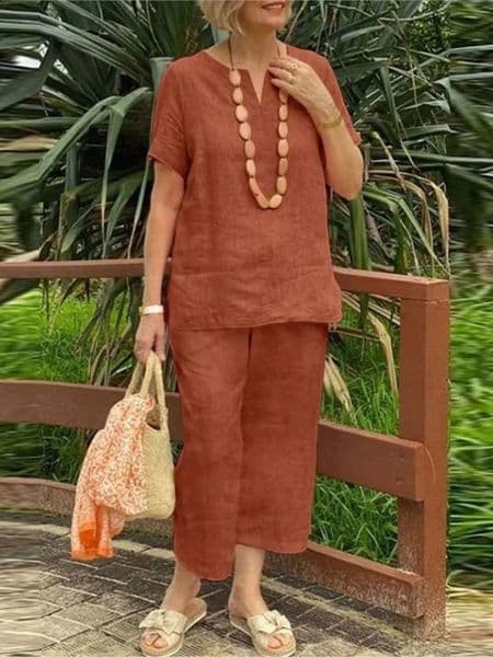 Womens Cotton Linen Summer 2Pcs/Sets Suit Casual Loose V-neck Short Sleeve Wide Leg Pants Solid Color Fashion Ladies Suit 260318